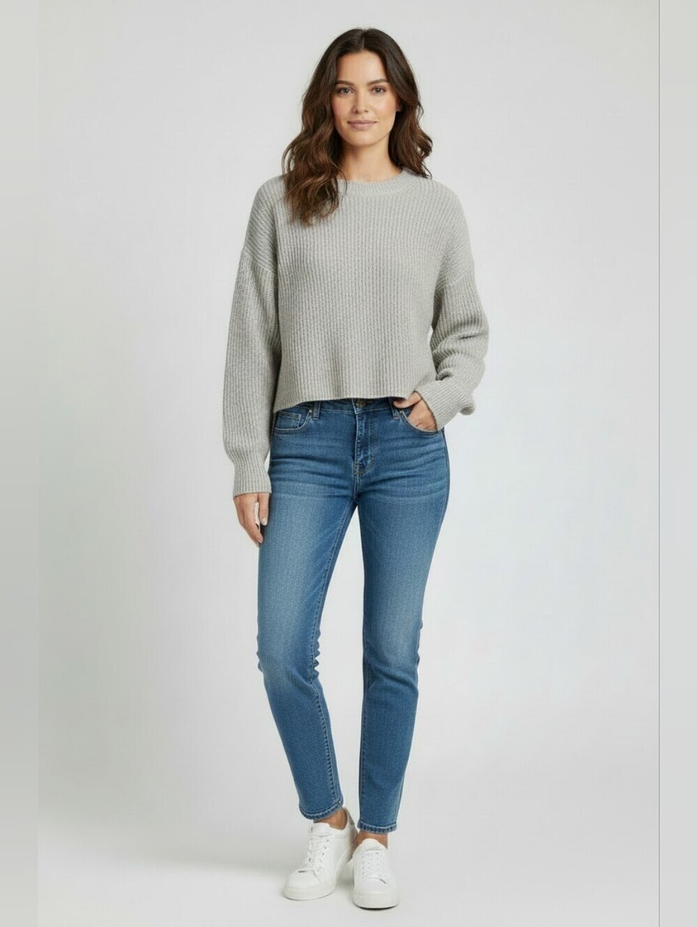 525 America 100% Cotton  Light Gray Rib-Knit Crewneck Sweater - Picture 6 of 6